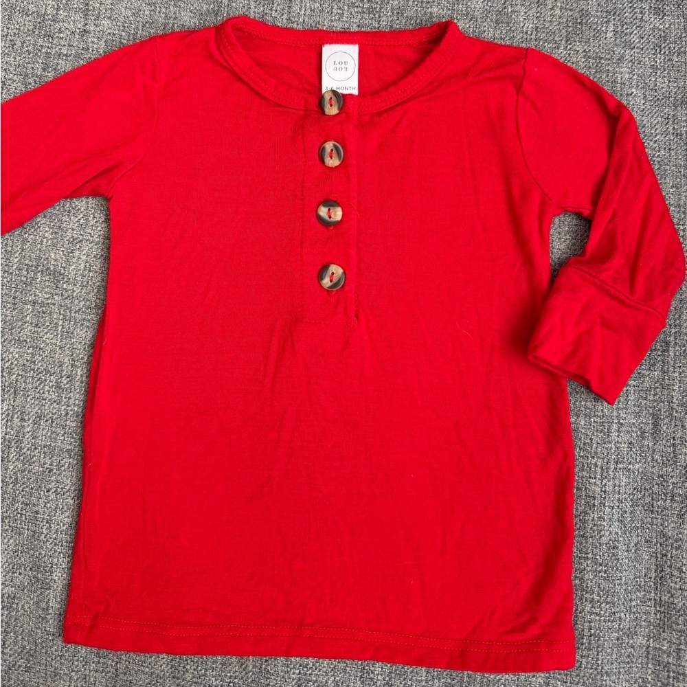 Lou Lou Red Long Sleeve Pajama Top with 4 Buttons very soft size 3-6 months VGUC